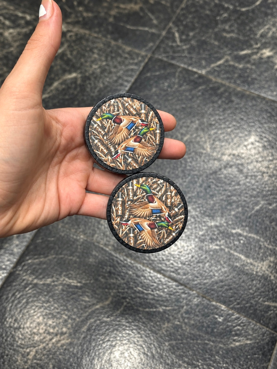 Black or brown VENT CLIP SET - duck Call background with mallards.